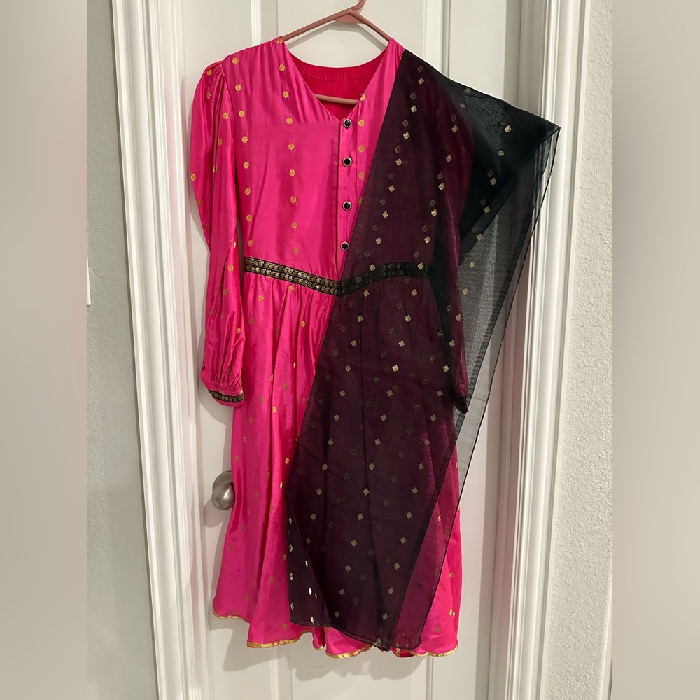 Beautiful pink and black anarkali with churidar (kurta) bottom and dupatta